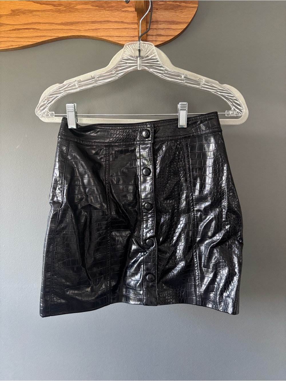 Blank NYC Black Croc-Embossed Button-Front Mini Skirt